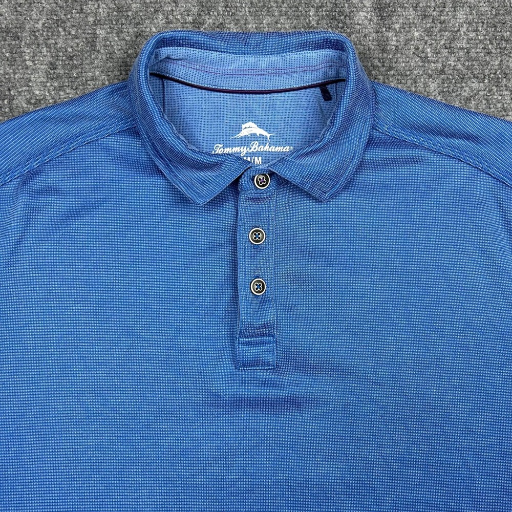 Tommy Bahama Polo Shirt Mens Medium Blue Micro-Stripe Tencel Blend Short Sleeve